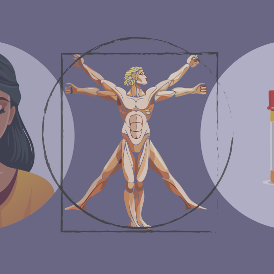 En kvinde der lukker øjnene, Homo Vitruvianus af Da Vinci og et pilleglas