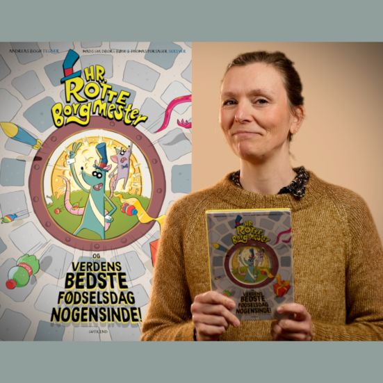 Bibliotekets litteraturformidler Sara holder bogen "Hr. Rotteborgmester og verdens bedste fødselsdag nogensinde"