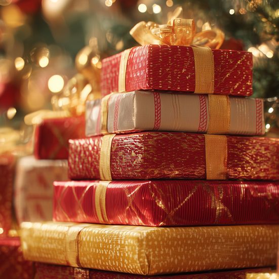 Stak af julegaver under et juletræ