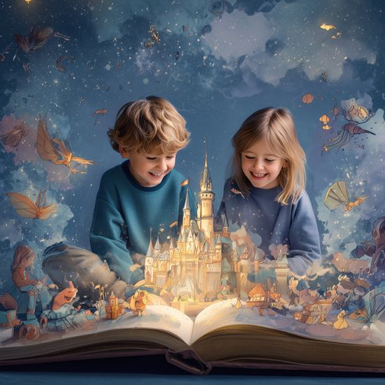 Dreng og pige sidder ved en stor bog, hvor et eventyrslot og -figurer stiger op fra