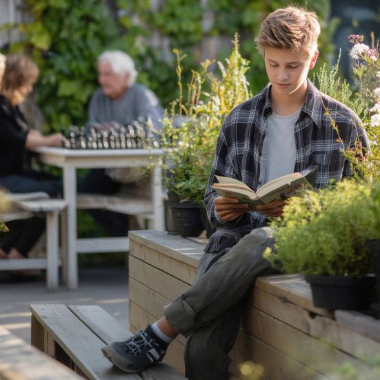 teenagedreng i en grøn gårdhave læser en bog