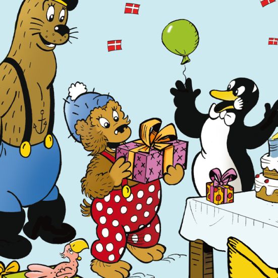 Rasmus Klump, Pingo, Pelle og Skæg holder fødselsdag med kage og gaver
