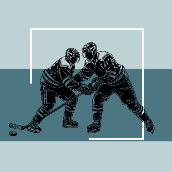 Grafik af to ishockeyspillere i kamp på isen.