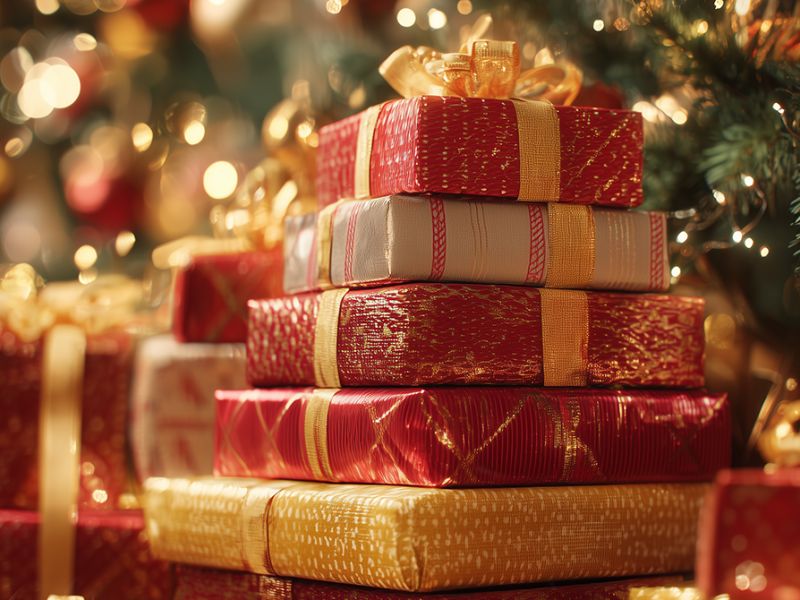 Stak af julegaver under et juletræ