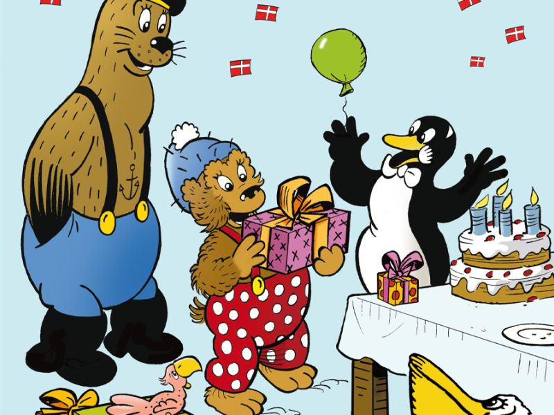 Rasmus Klump, Pingo, Pelle og Skæg holder fødselsdag med kage og gaver