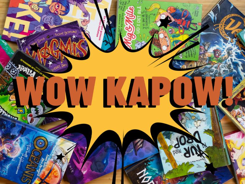 teksten "wow kapow!" ovenpå tegneserier