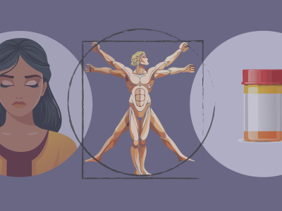 En kvinde der lukker øjnene, Homo Vitruvianus af Da Vinci og et pilleglas