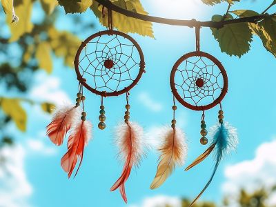 To drømmefangere hænger på en gren