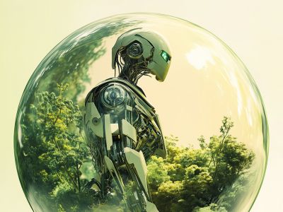 Krystalkugle med fremtidsrobot og grønne grene