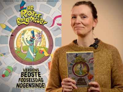 Bibliotekets litteraturformidler Sara holder bogen "Hr. Rotteborgmester og verdens bedste fødselsdag nogensinde"
