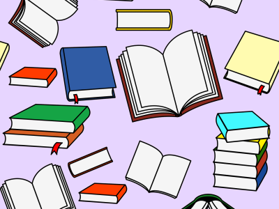 Bøger der er opslået og lukket på en blå baggrund