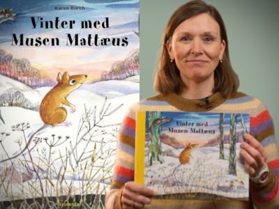 Bibliotekets litteraturformidler Sara holder bogen "Vinter med Musen Mattæus"