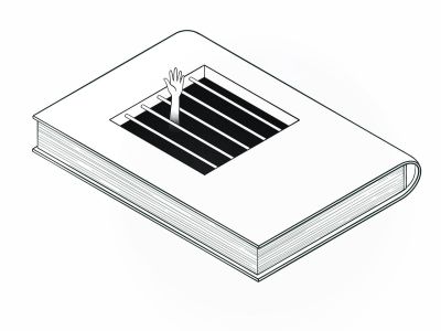 En illustration af en bog, hvor en hånd stikker op gennem nogle gitre i bogen