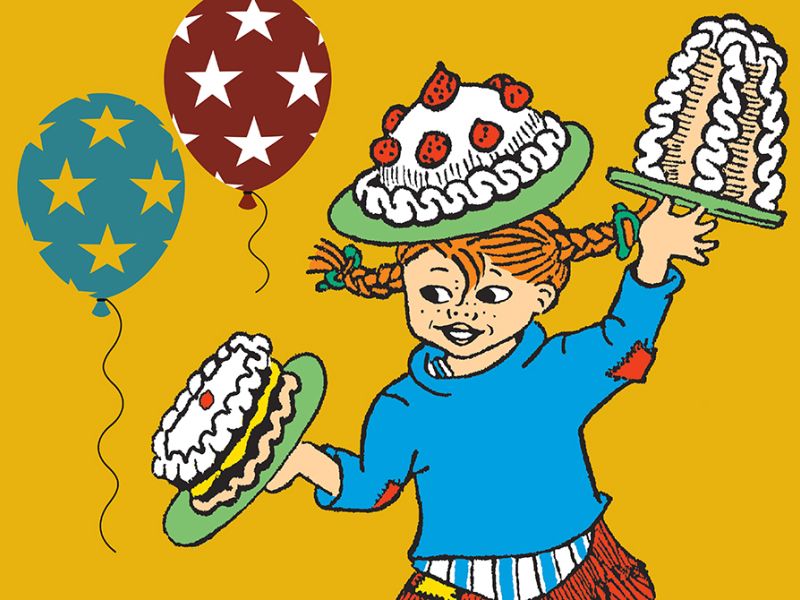 Pippi Langstrømpe med kager i hænder og på hoved