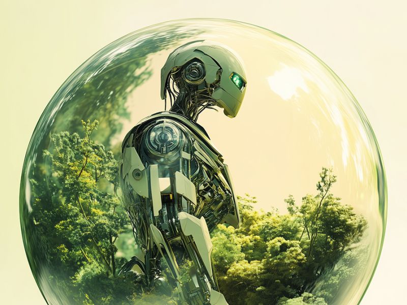 Krystalkugle med fremtidsrobot og grønne grene