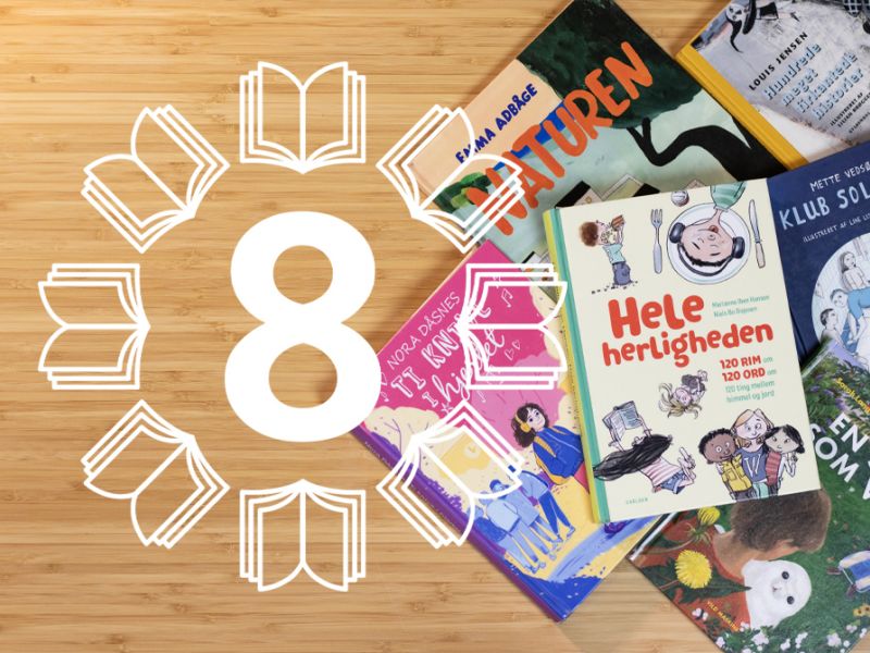 Bordplade med børnebøger set fra oven