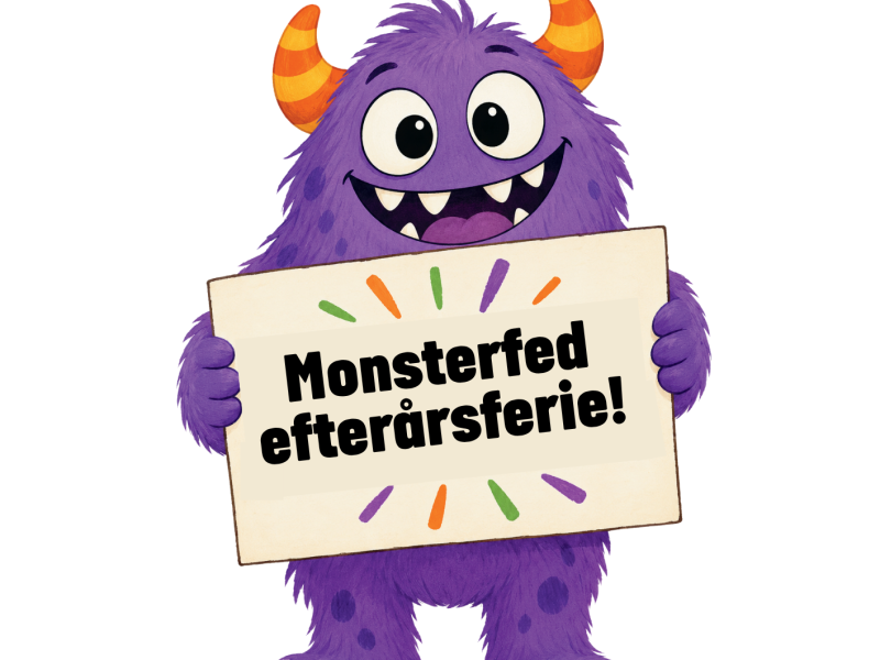 purple monster holding a sign saying "monsterfed efterårsferie"