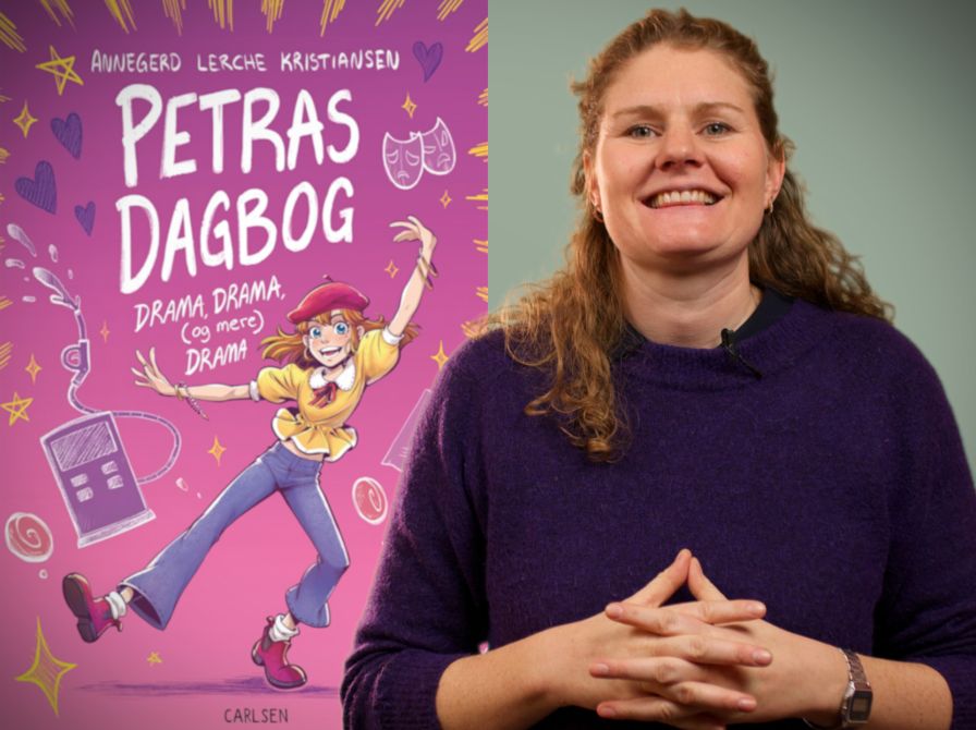 Bibliotekets litteraturformidler Trine foran bogen "Petras dagbog"