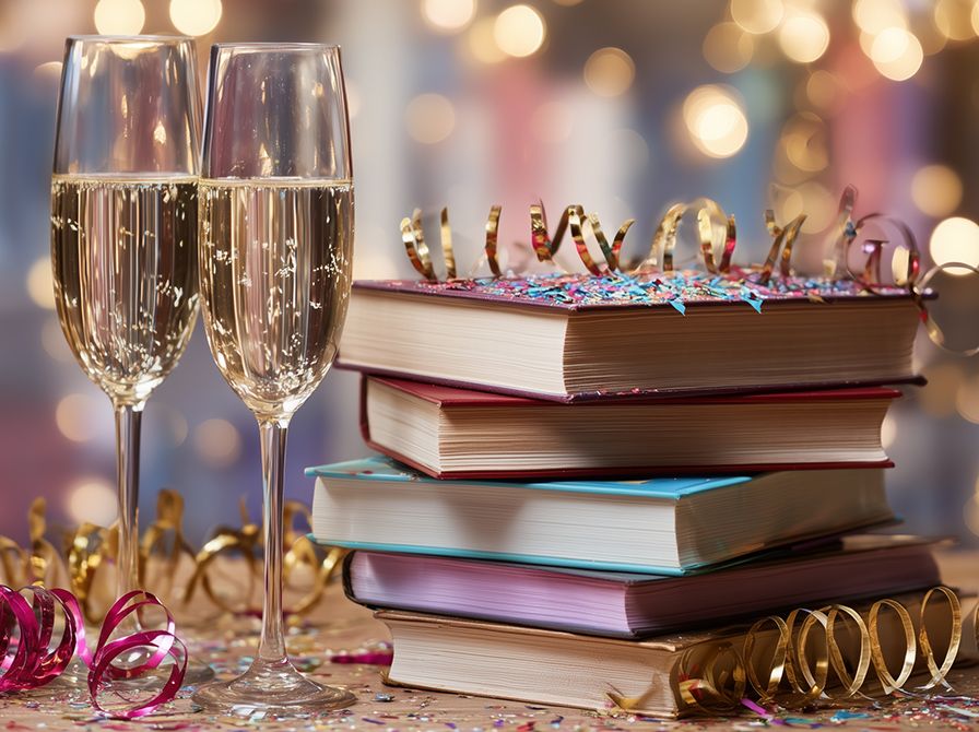 En stak bøger og to champagneglas