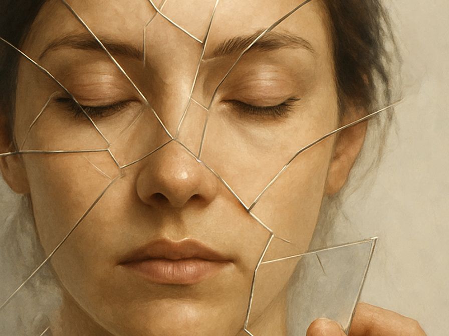 Ung kvinde med lukkede øjne og et splintret glas foran ansigtet