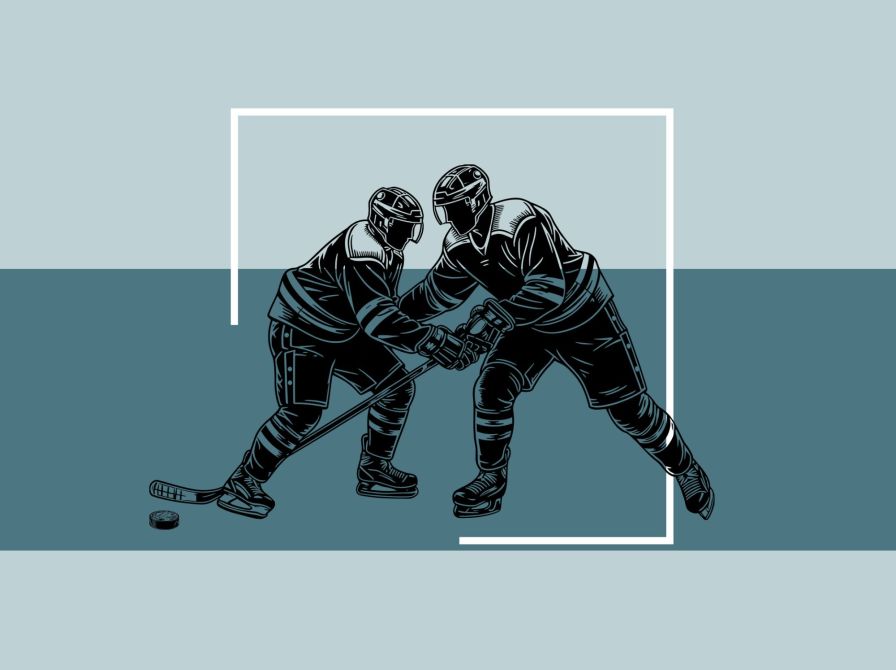 Grafik af to ishockeyspillere i kamp på isen.